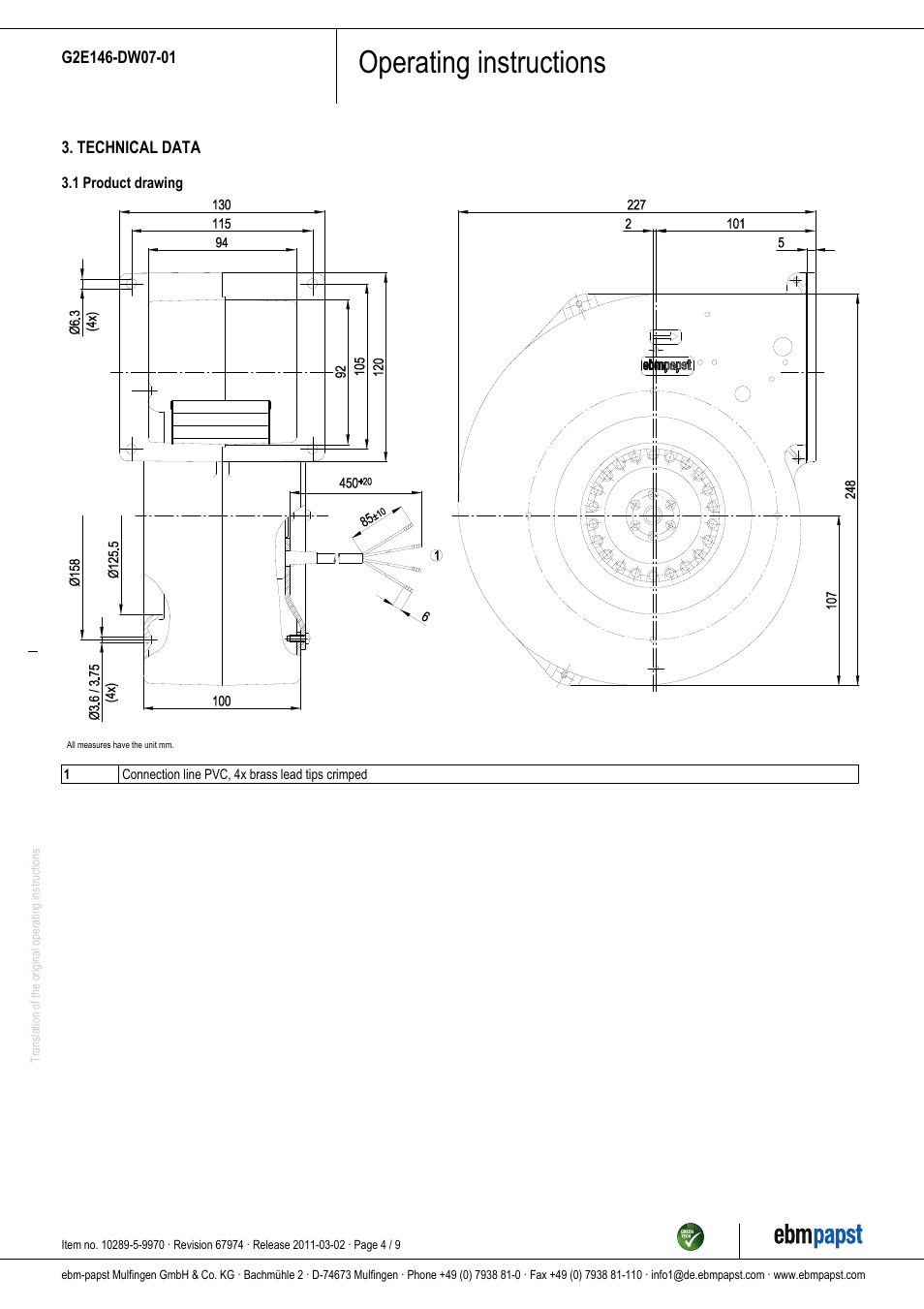 Operating instructions | ebm-papst G2E146-DW07-01 User Manual | Page 4 / 9