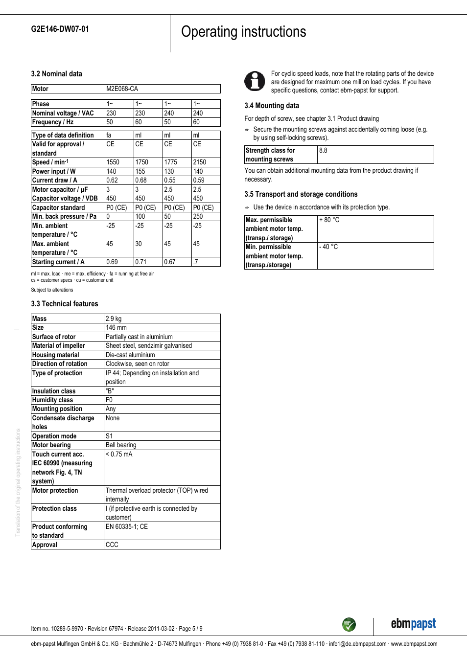 Operating instructions | ebm-papst G2E146-DW07-01 User Manual | Page 5 / 9