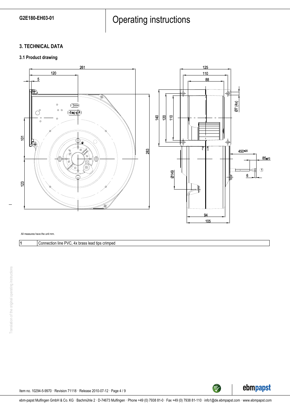 Operating instructions | ebm-papst G2E180-EH03-01 User Manual | Page 4 / 9