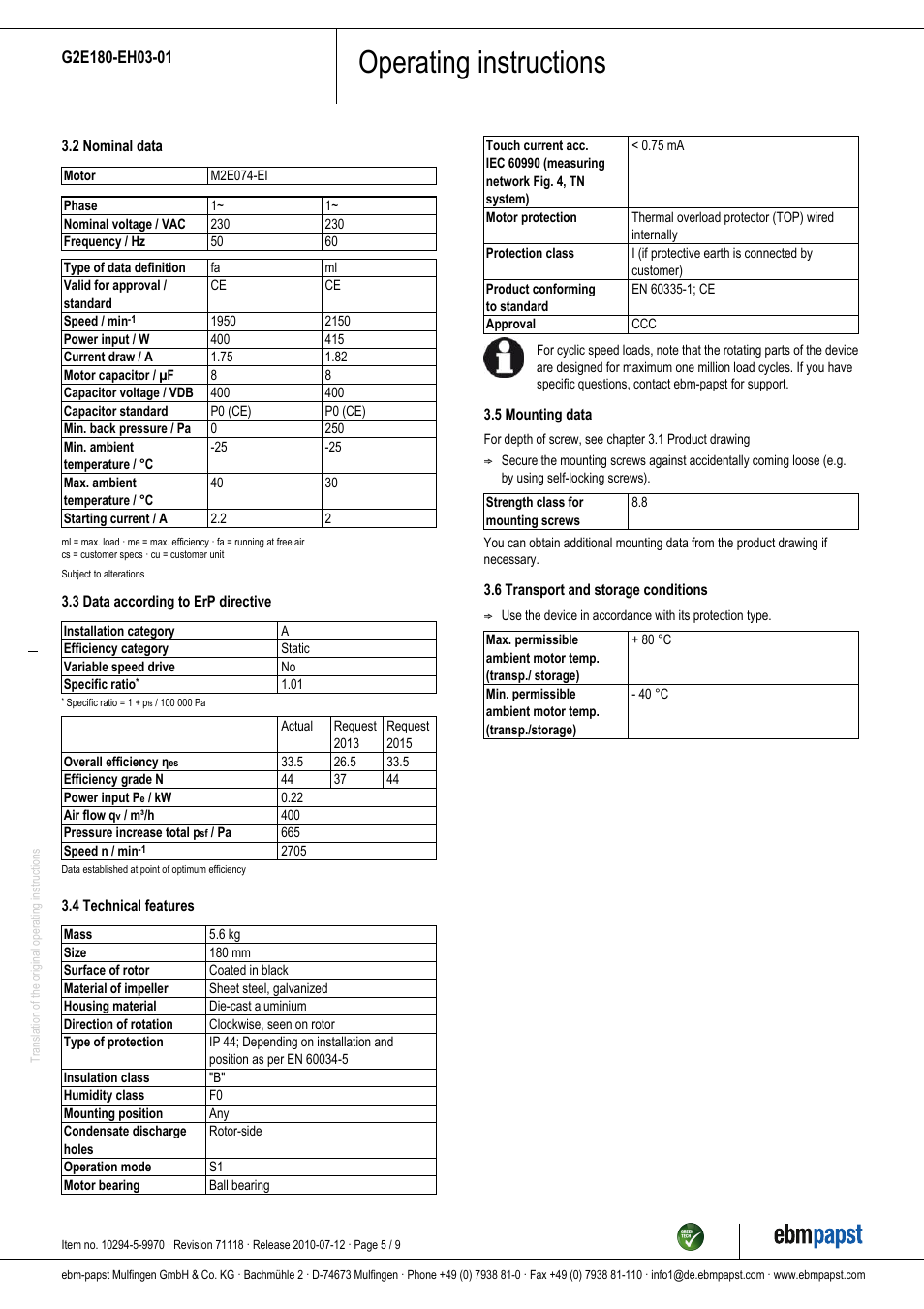Operating instructions | ebm-papst G2E180-EH03-01 User Manual | Page 5 / 9