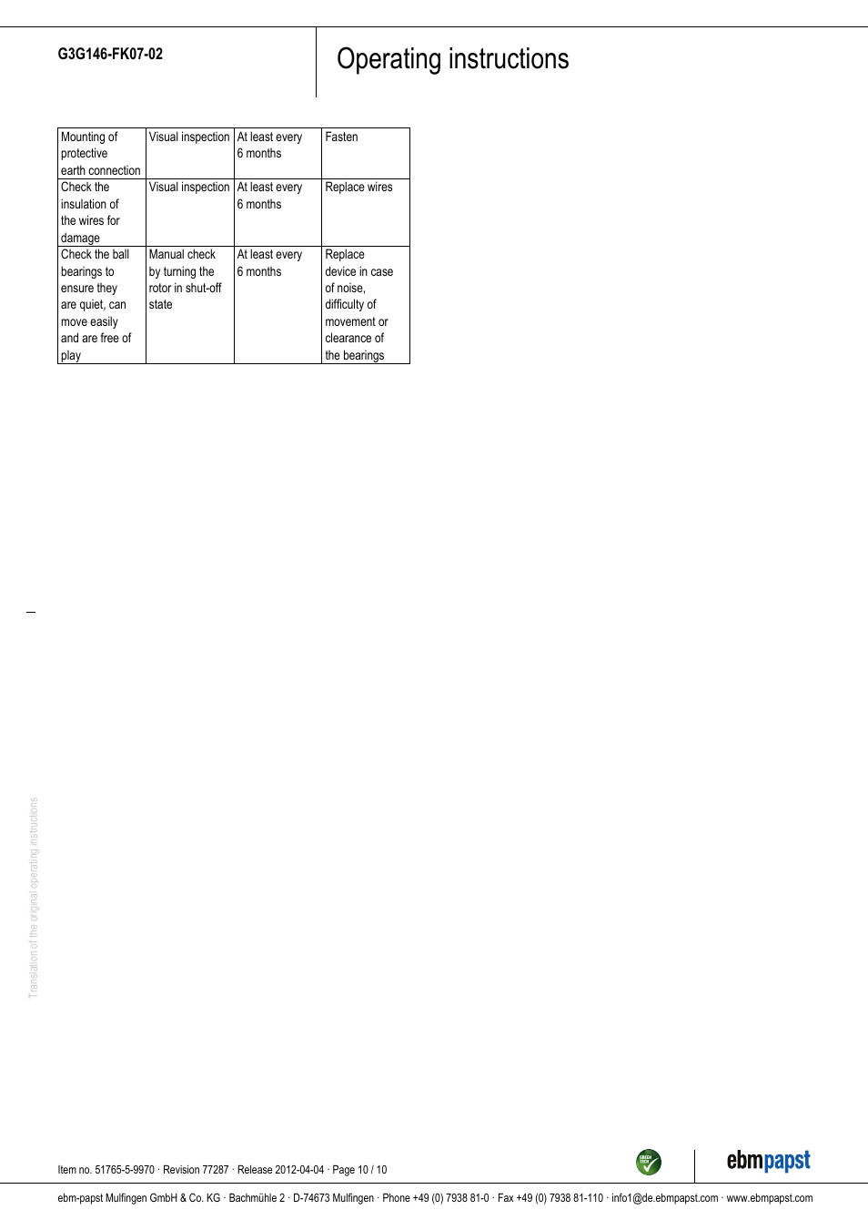 Operating instructions | ebm-papst G3G146-FK07-02 User Manual | Page 10 / 10