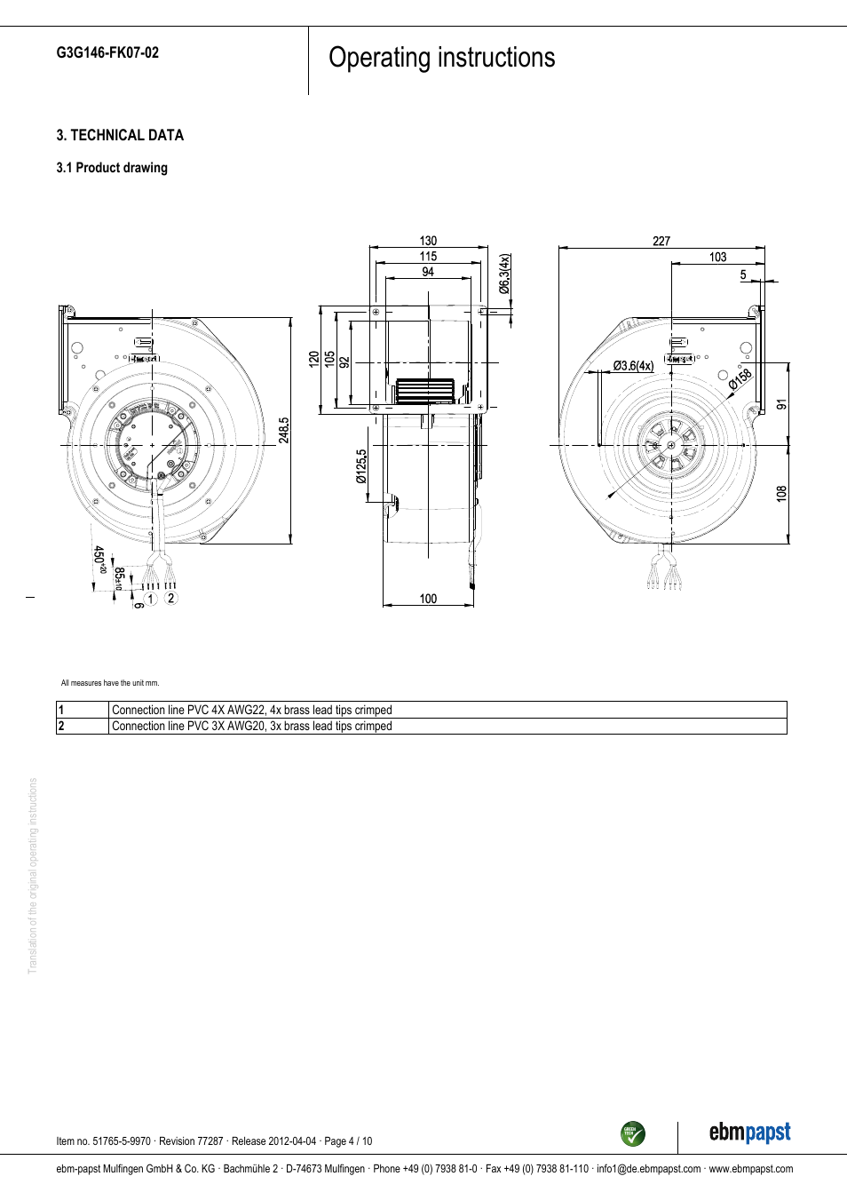 Operating instructions | ebm-papst G3G146-FK07-02 User Manual | Page 4 / 10
