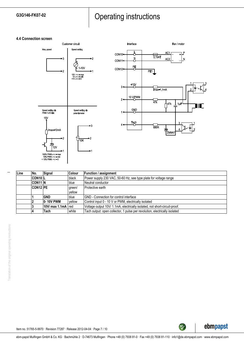 Operating instructions | ebm-papst G3G146-FK07-02 User Manual | Page 7 / 10
