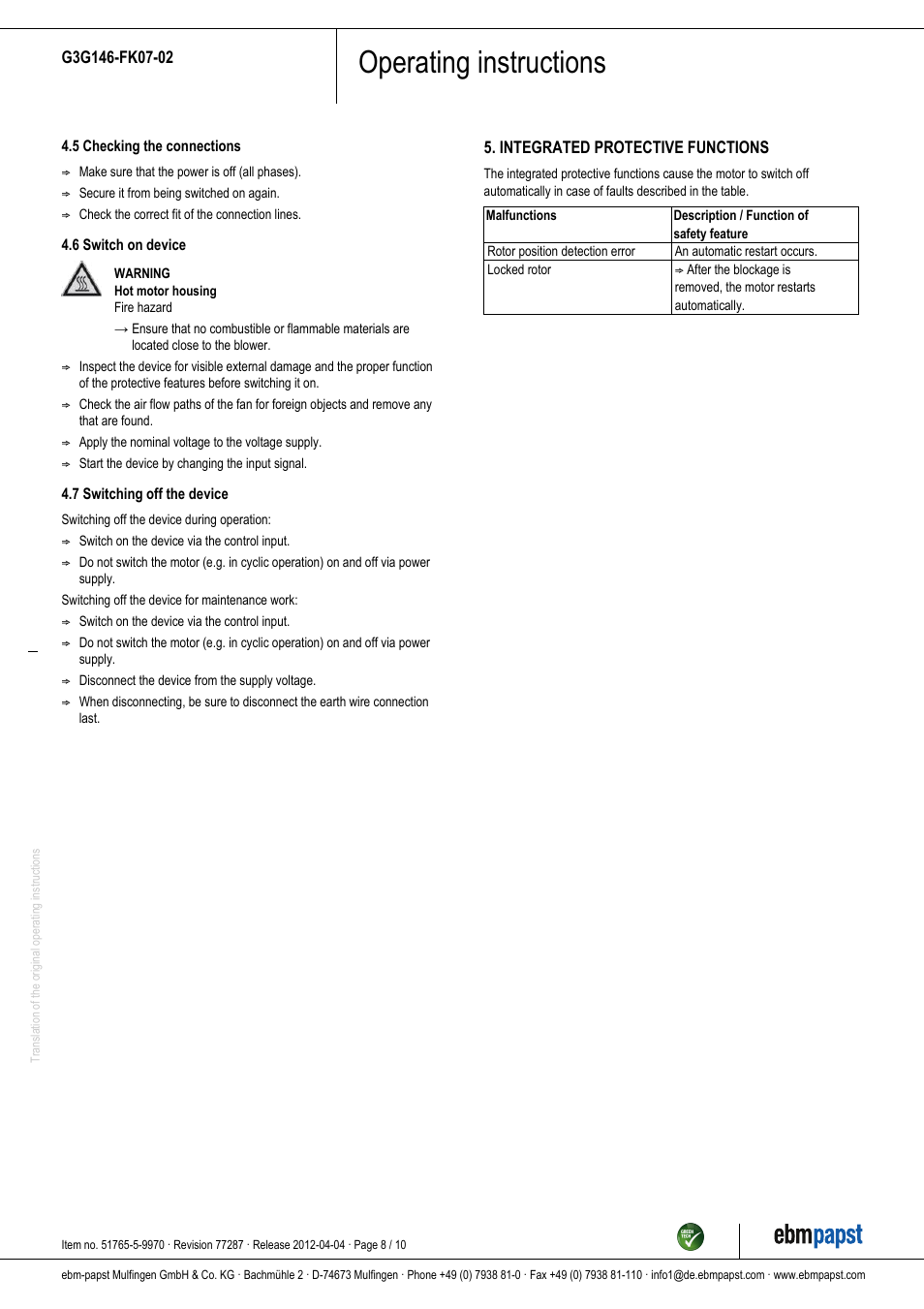 Operating instructions | ebm-papst G3G146-FK07-02 User Manual | Page 8 / 10