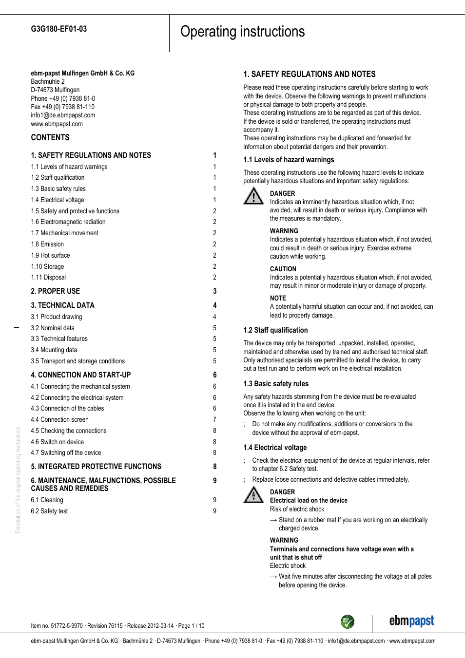 ebm-papst G3G180-EF01-03 User Manual | 10 pages