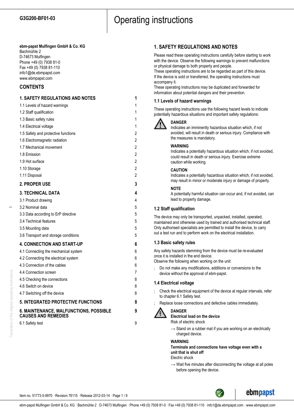 ebm-papst G3G200-BF01-03 User Manual | 9 pages