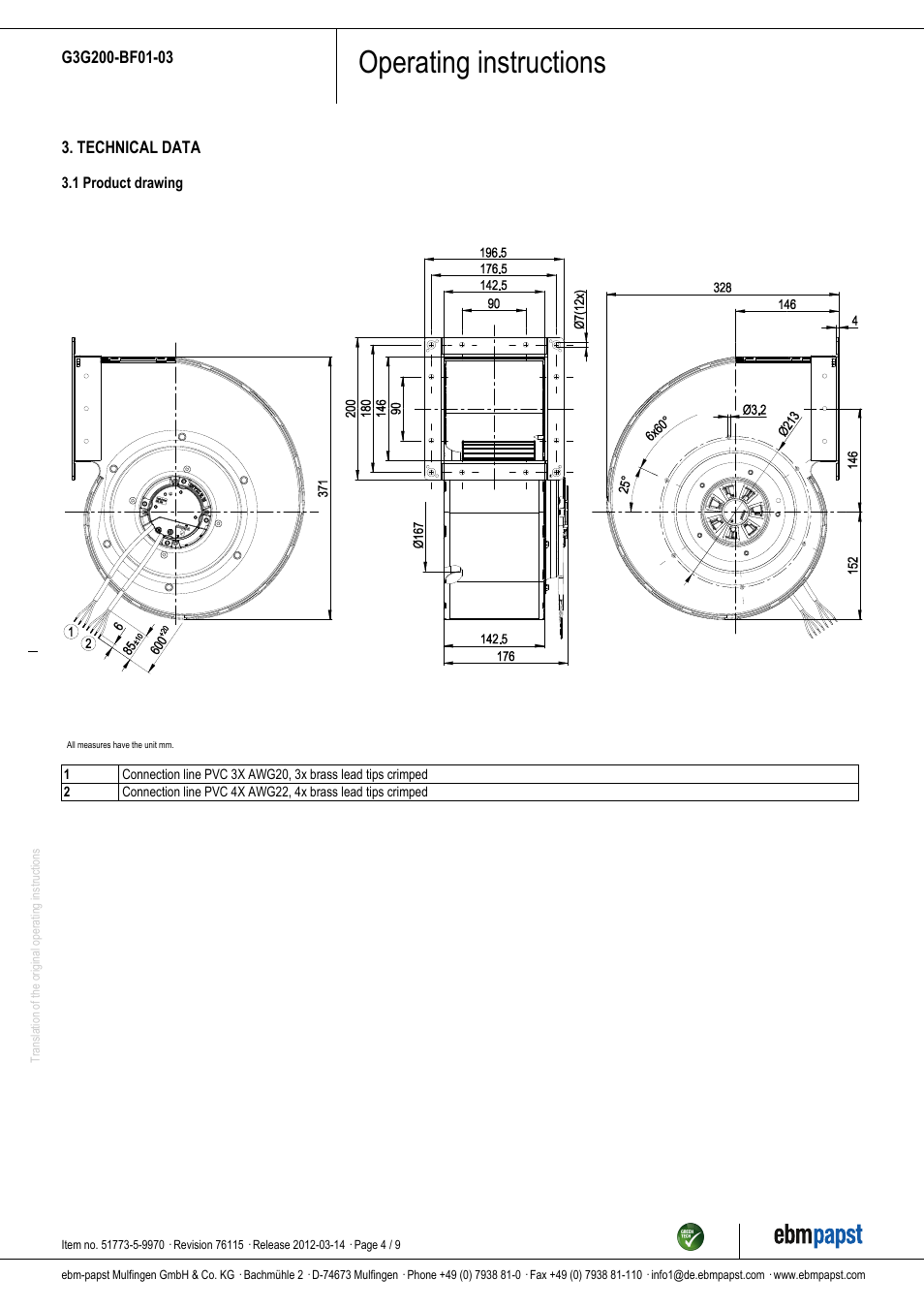 Operating instructions | ebm-papst G3G200-BF01-03 User Manual | Page 4 / 9