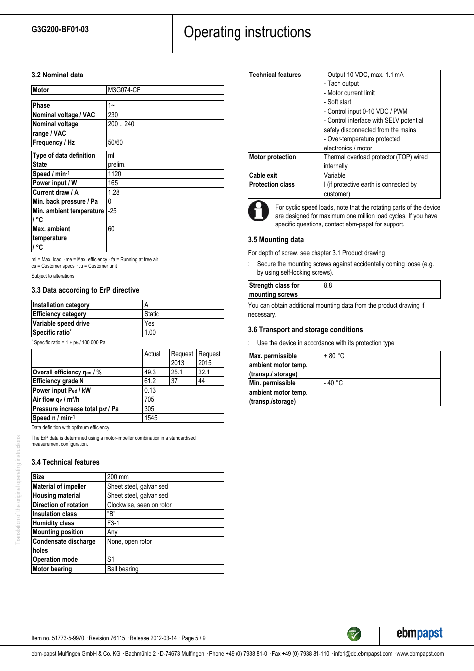 Operating instructions | ebm-papst G3G200-BF01-03 User Manual | Page 5 / 9