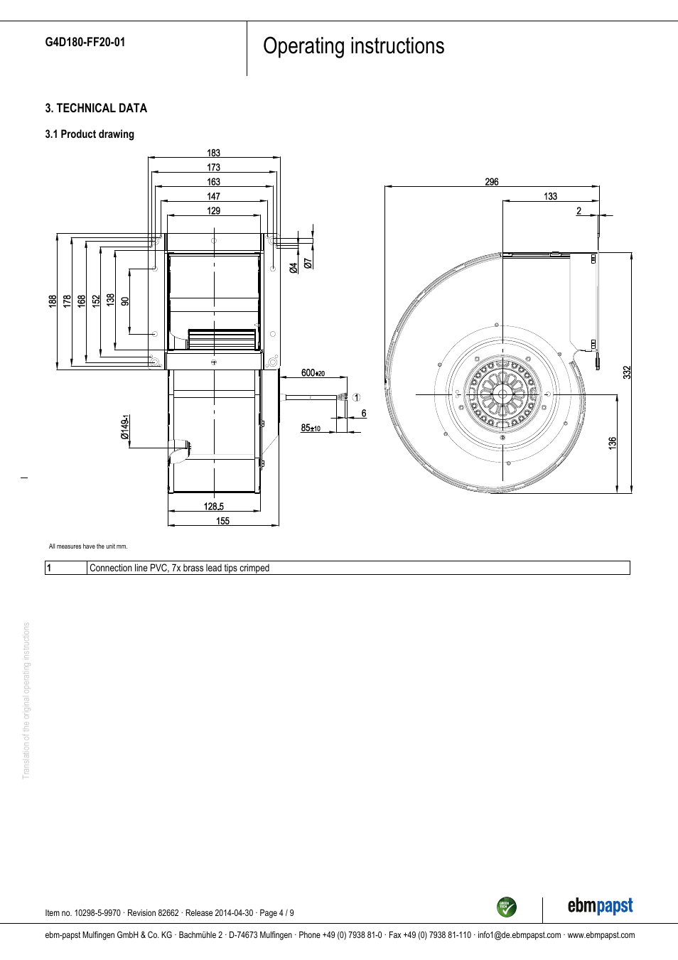 Operating instructions | ebm-papst G4D180-FF20-01 User Manual | Page 4 / 9