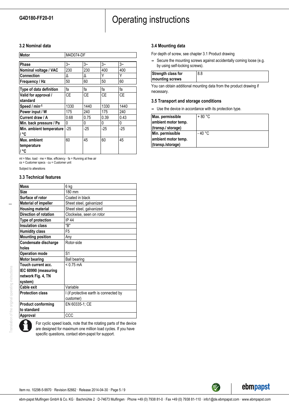 Operating instructions | ebm-papst G4D180-FF20-01 User Manual | Page 5 / 9