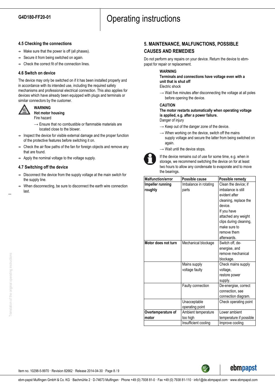 Operating instructions | ebm-papst G4D180-FF20-01 User Manual | Page 8 / 9