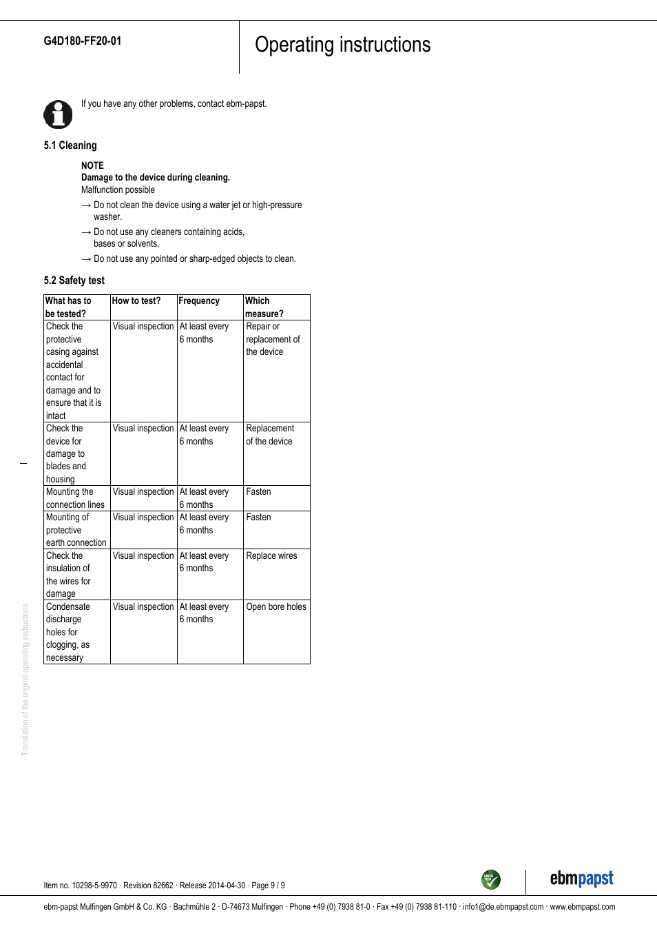 Operating instructions | ebm-papst G4D180-FF20-01 User Manual | Page 9 / 9