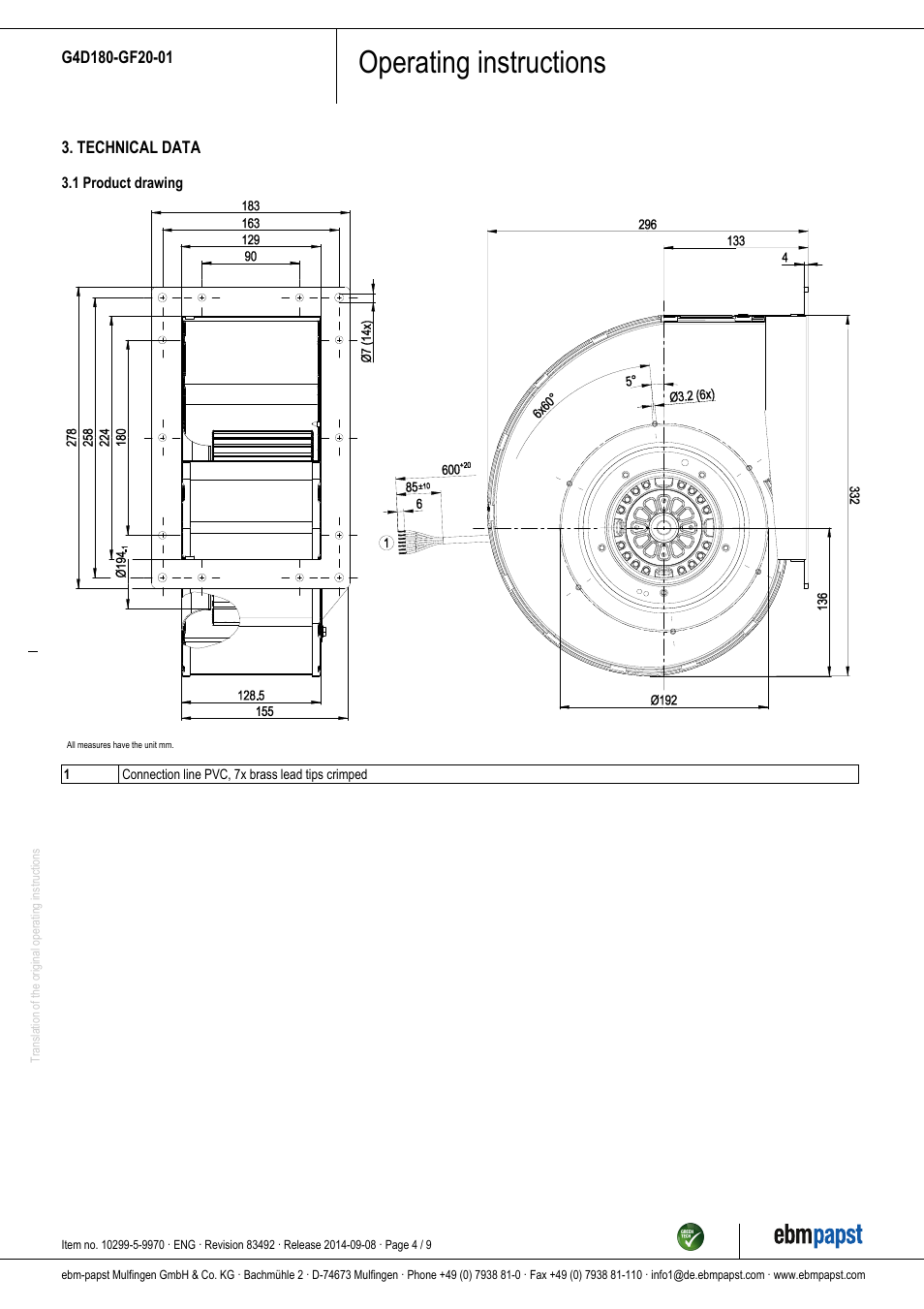 Operating instructions | ebm-papst G4D180-GF20-01 User Manual | Page 4 / 9