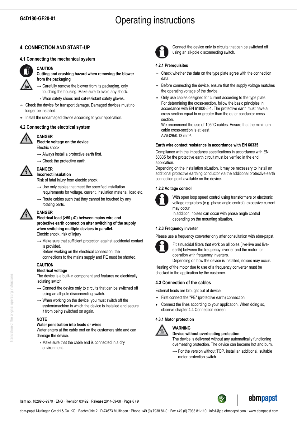 Operating instructions | ebm-papst G4D180-GF20-01 User Manual | Page 6 / 9