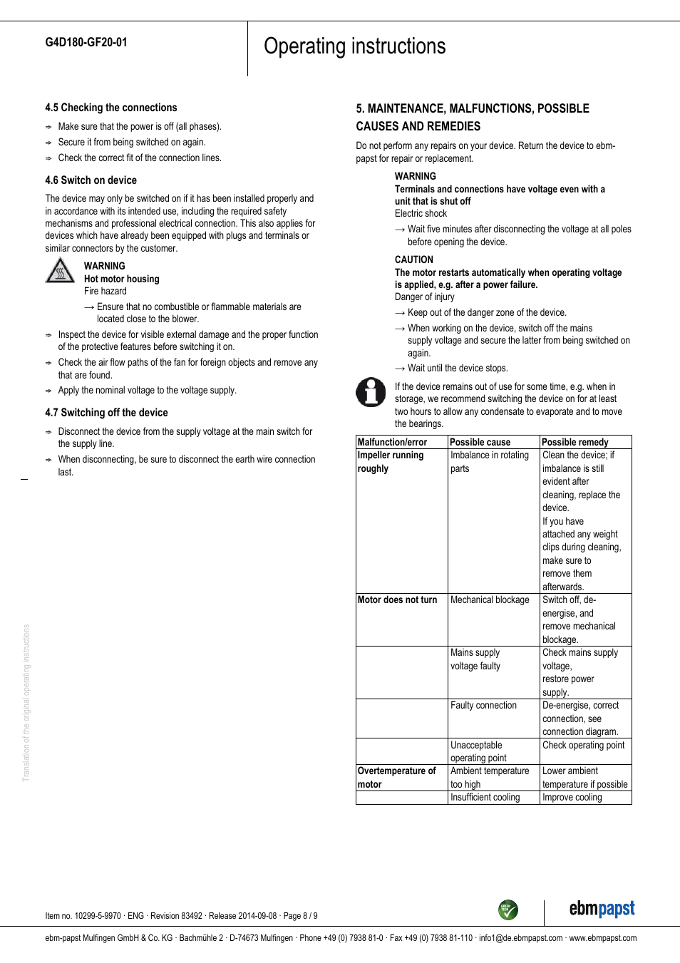 Operating instructions | ebm-papst G4D180-GF20-01 User Manual | Page 8 / 9