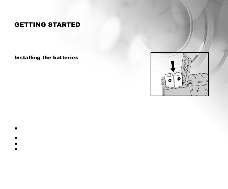 Getting started, Installing the batteries | Cool-Lux DVR-200 User Manual | Page 14 / 51