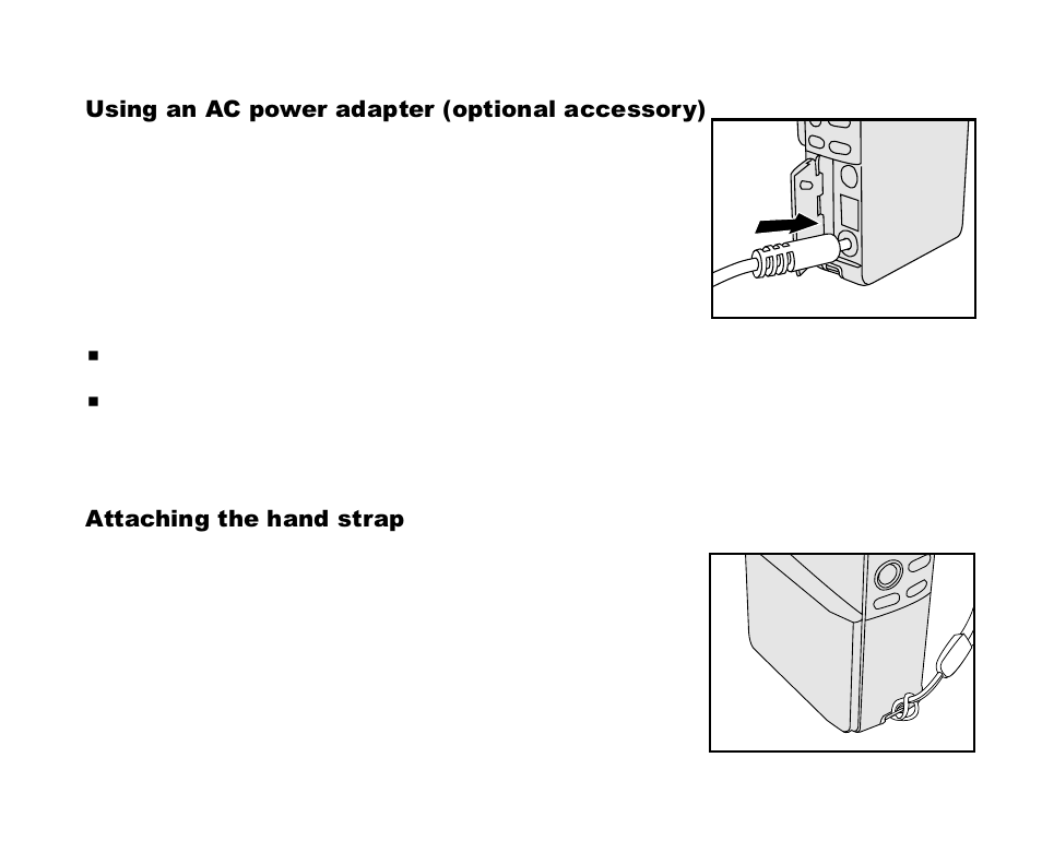 Using an ac power adapter (optional accessory), Attaching the hand strap | Cool-Lux DVR-200 User Manual | Page 15 / 51