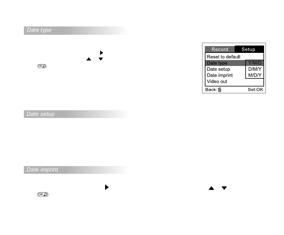 Date type, Date setup, Date imprint | Cool-Lux DVR-200 User Manual | Page 45 / 51