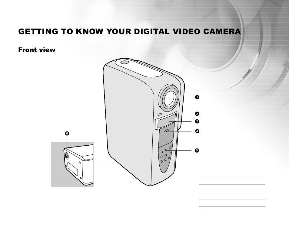 Getting to know your digital video camera, Front view | Cool-Lux DVR-200 User Manual | Page 8 / 51