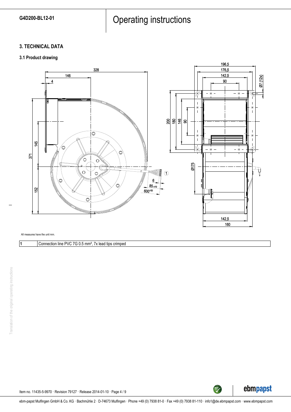 Operating instructions | ebm-papst G4D200-BL12-01 User Manual | Page 4 / 9