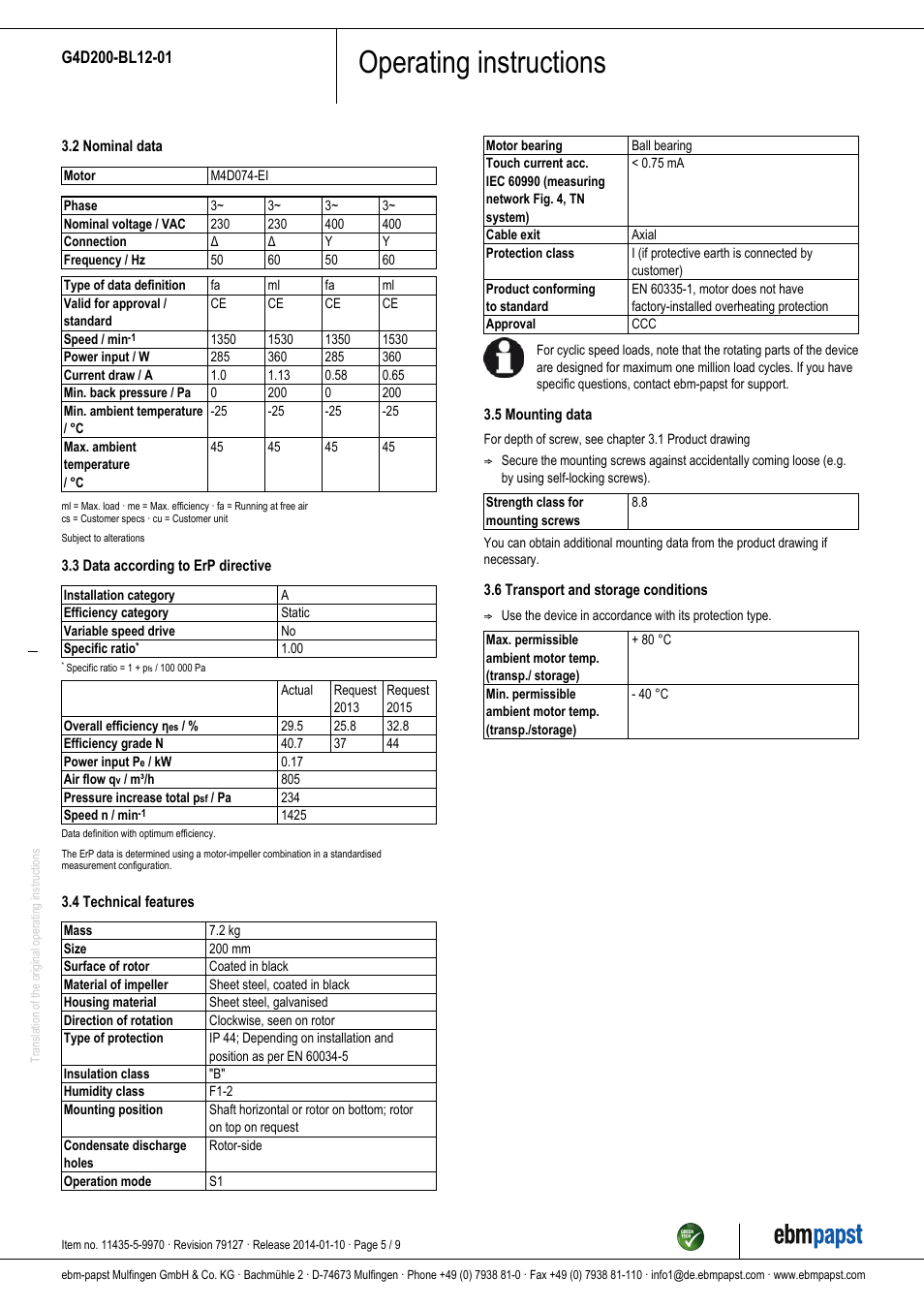 Operating instructions | ebm-papst G4D200-BL12-01 User Manual | Page 5 / 9