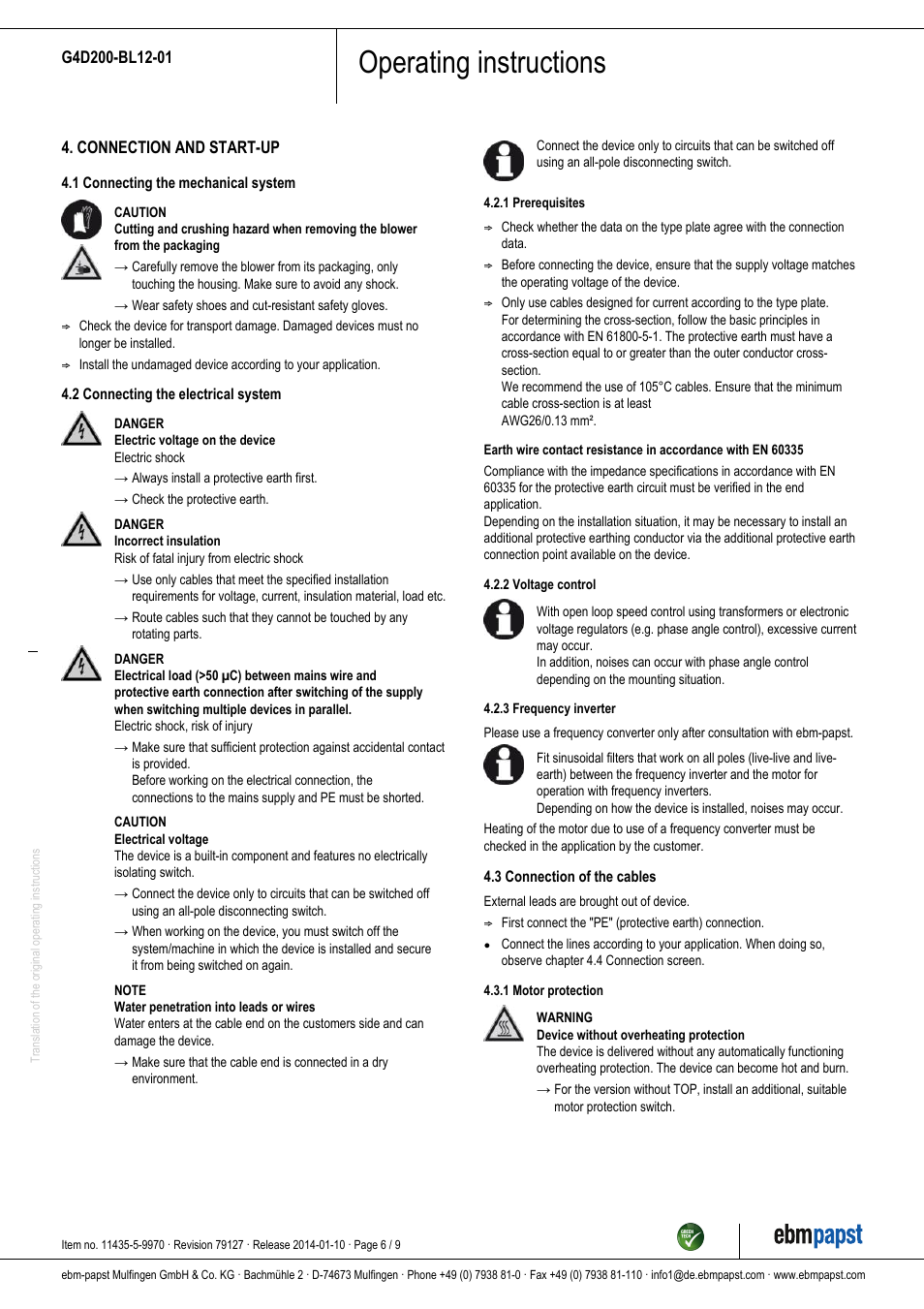 Operating instructions | ebm-papst G4D200-BL12-01 User Manual | Page 6 / 9