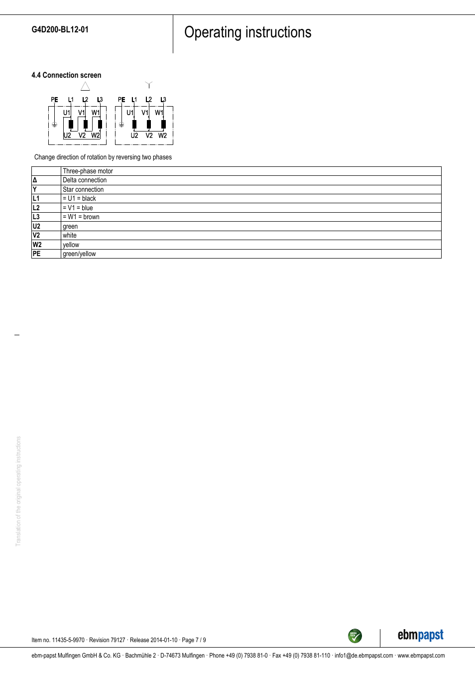 Operating instructions | ebm-papst G4D200-BL12-01 User Manual | Page 7 / 9