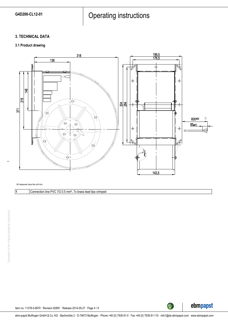Operating instructions | ebm-papst G4D200-CL12-01 User Manual | Page 4 / 9
