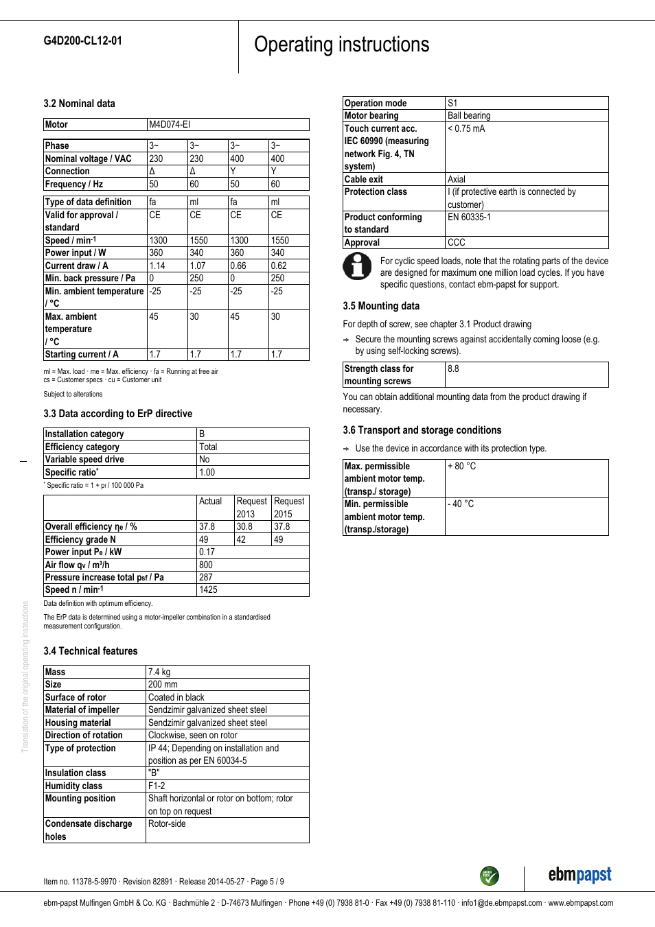 Operating instructions | ebm-papst G4D200-CL12-01 User Manual | Page 5 / 9
