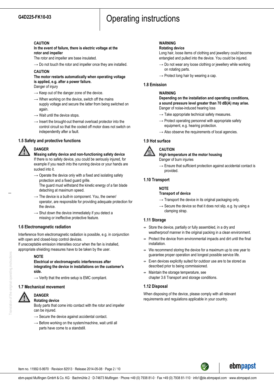 Operating instructions | ebm-papst G4D225-FK10-03 User Manual | Page 2 / 10