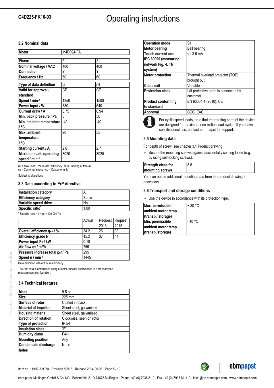 Operating instructions | ebm-papst G4D225-FK10-03 User Manual | Page 5 / 10
