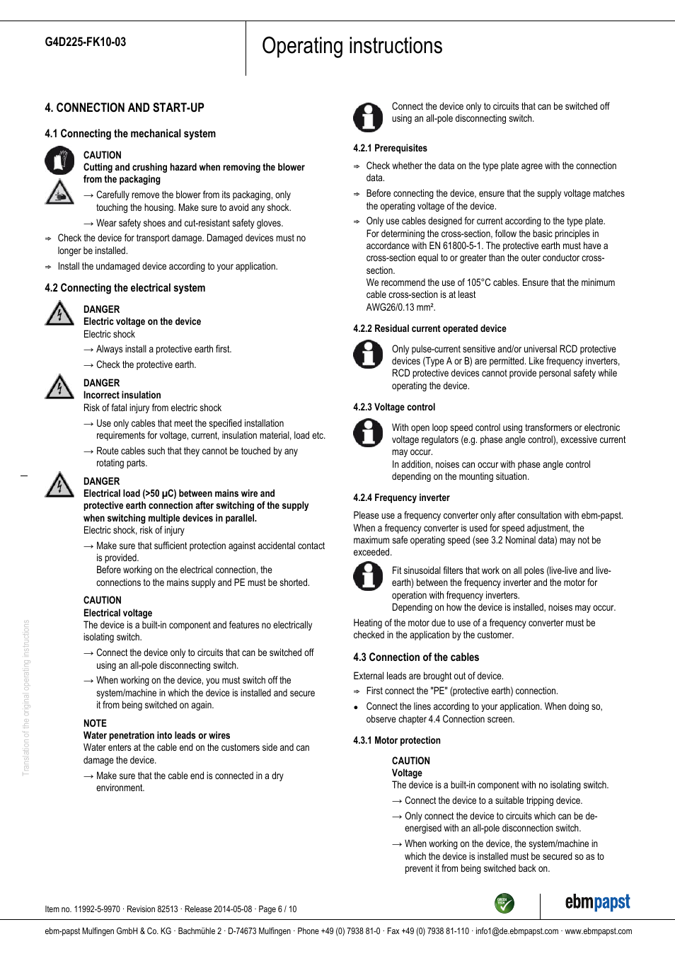 Operating instructions | ebm-papst G4D225-FK10-03 User Manual | Page 6 / 10