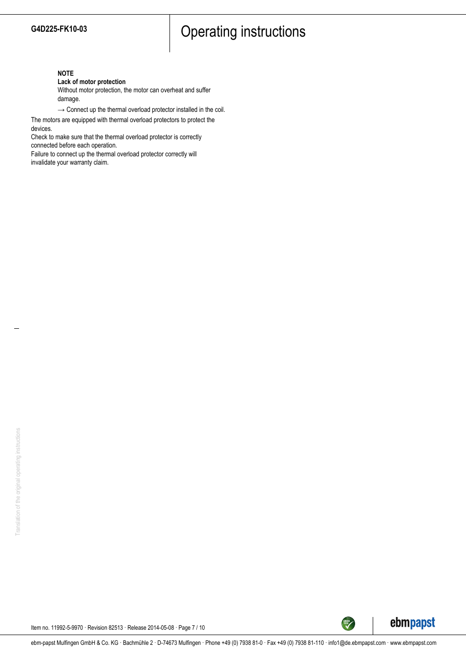 Operating instructions | ebm-papst G4D225-FK10-03 User Manual | Page 7 / 10