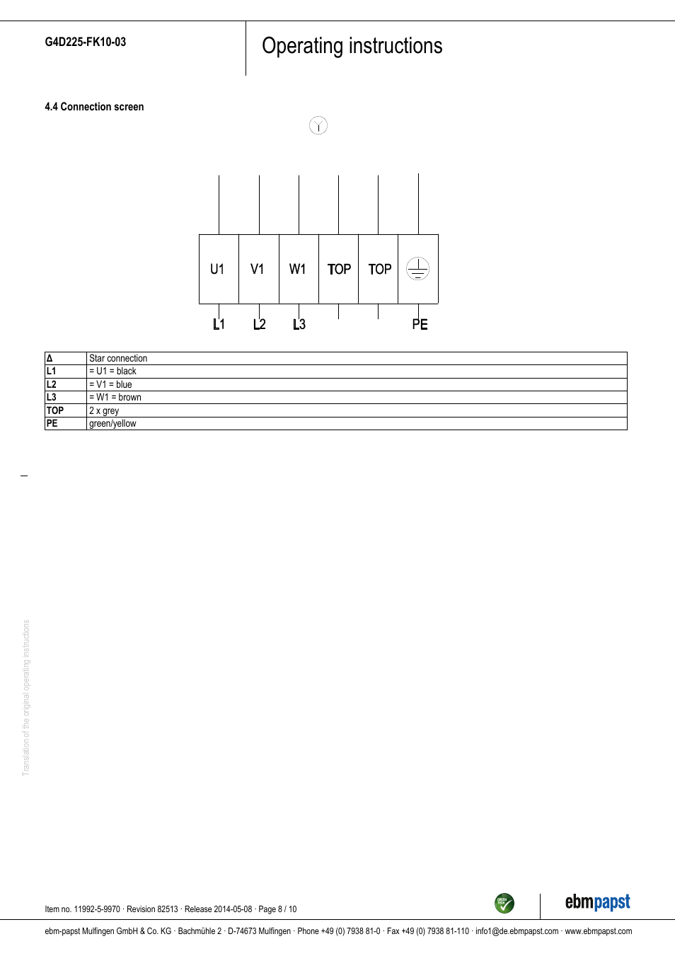 Operating instructions | ebm-papst G4D225-FK10-03 User Manual | Page 8 / 10