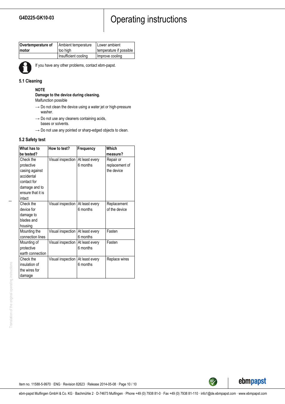 Operating instructions | ebm-papst G4D225-GK10-03 User Manual | Page 10 / 10