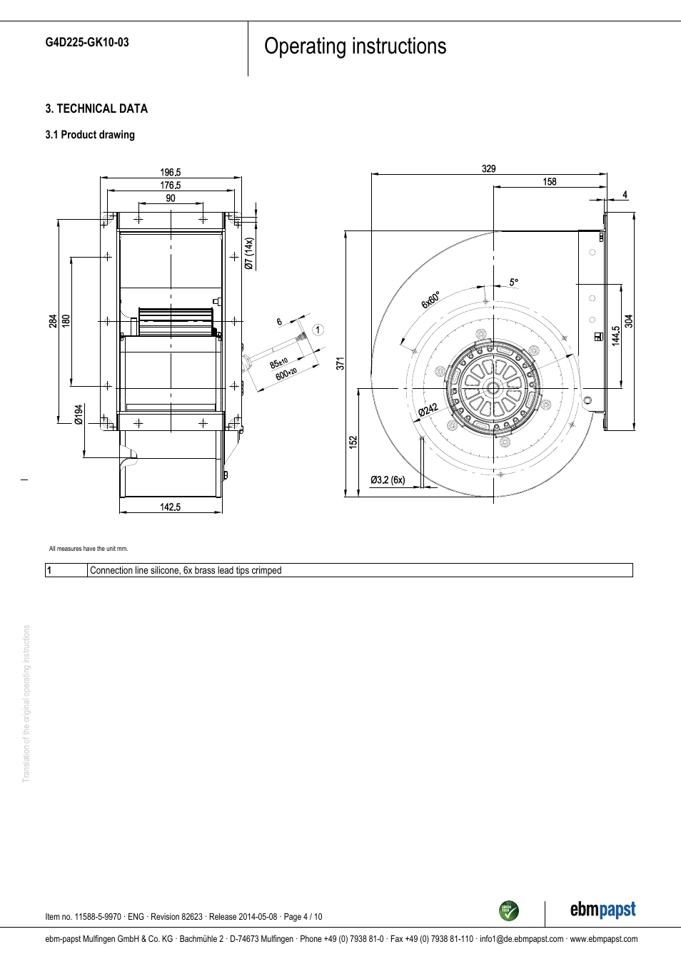 Operating instructions | ebm-papst G4D225-GK10-03 User Manual | Page 4 / 10