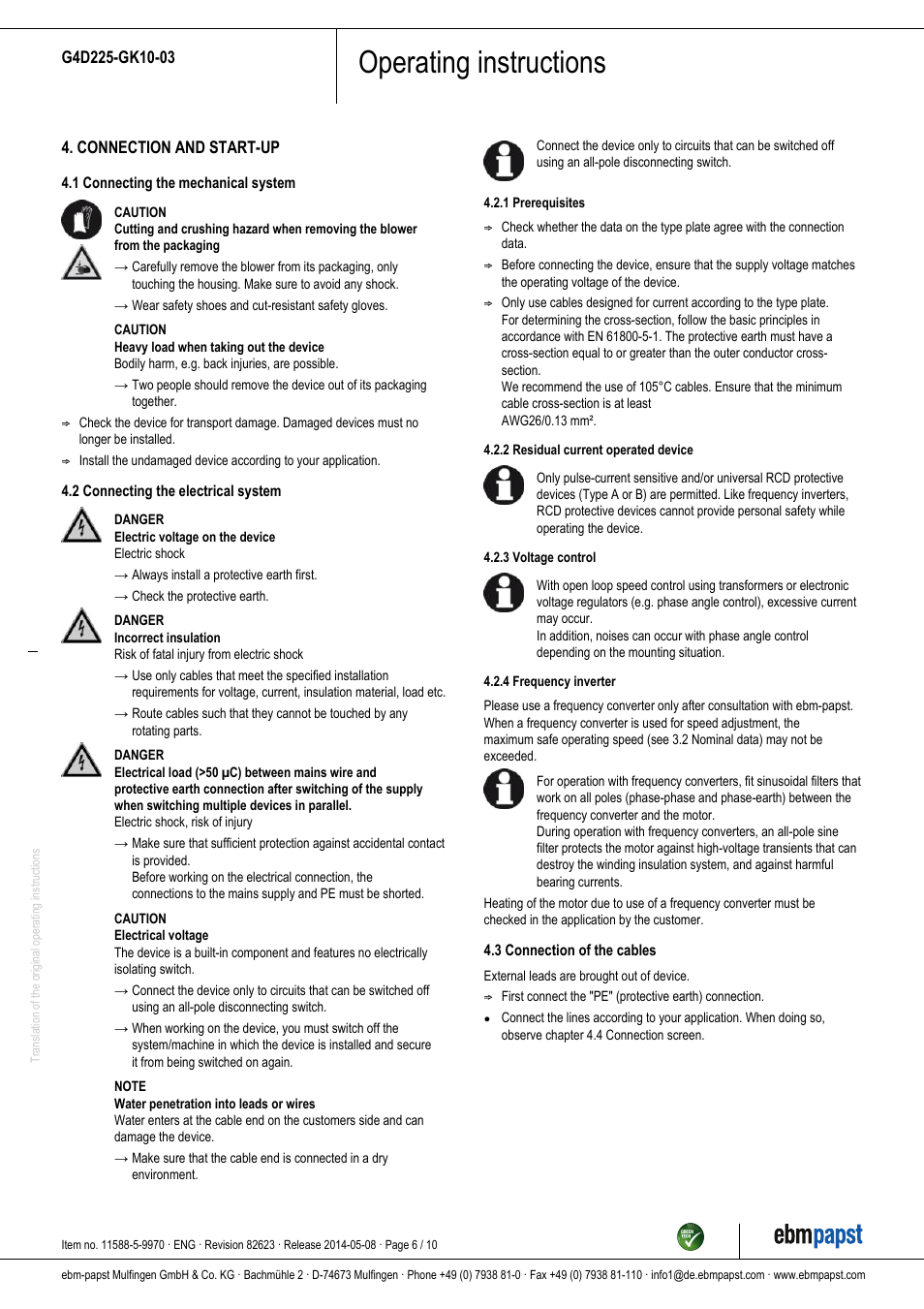 Operating instructions | ebm-papst G4D225-GK10-03 User Manual | Page 6 / 10
