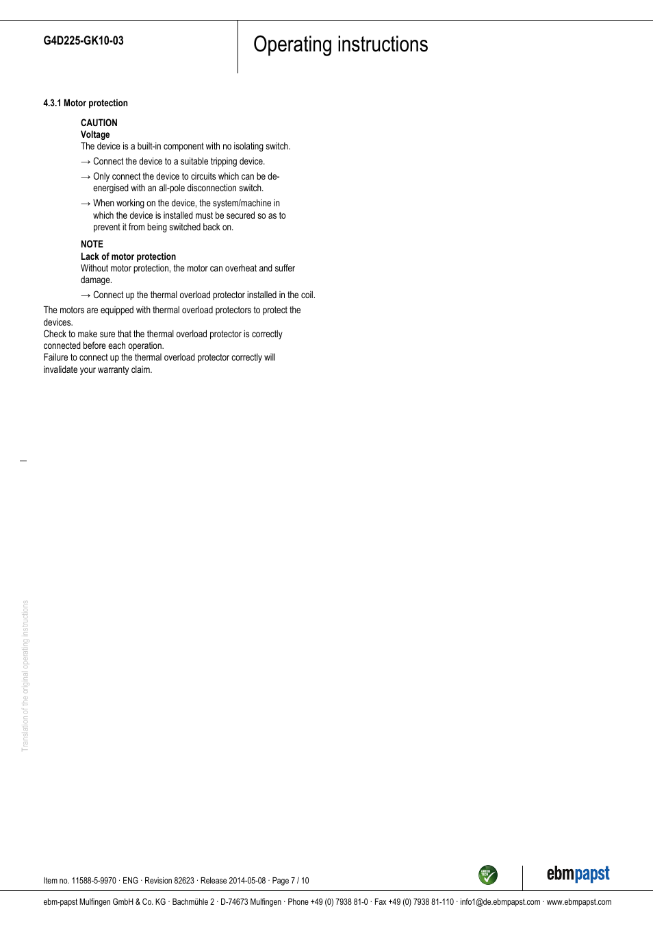 Operating instructions | ebm-papst G4D225-GK10-03 User Manual | Page 7 / 10