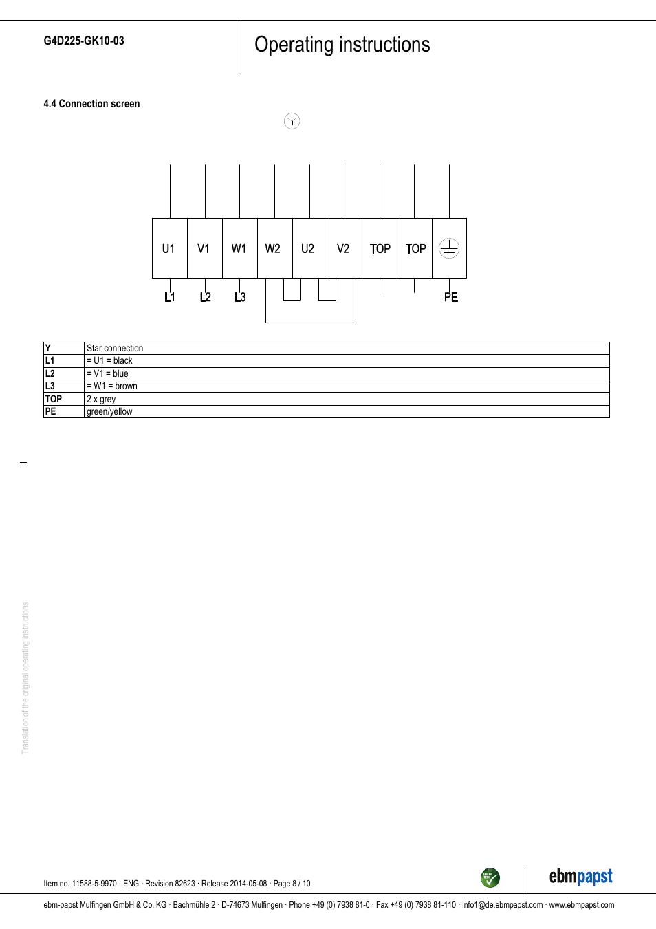 Operating instructions | ebm-papst G4D225-GK10-03 User Manual | Page 8 / 10