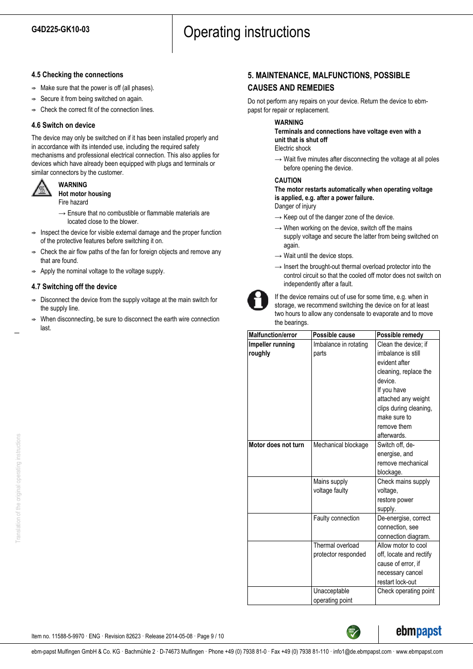 Operating instructions | ebm-papst G4D225-GK10-03 User Manual | Page 9 / 10