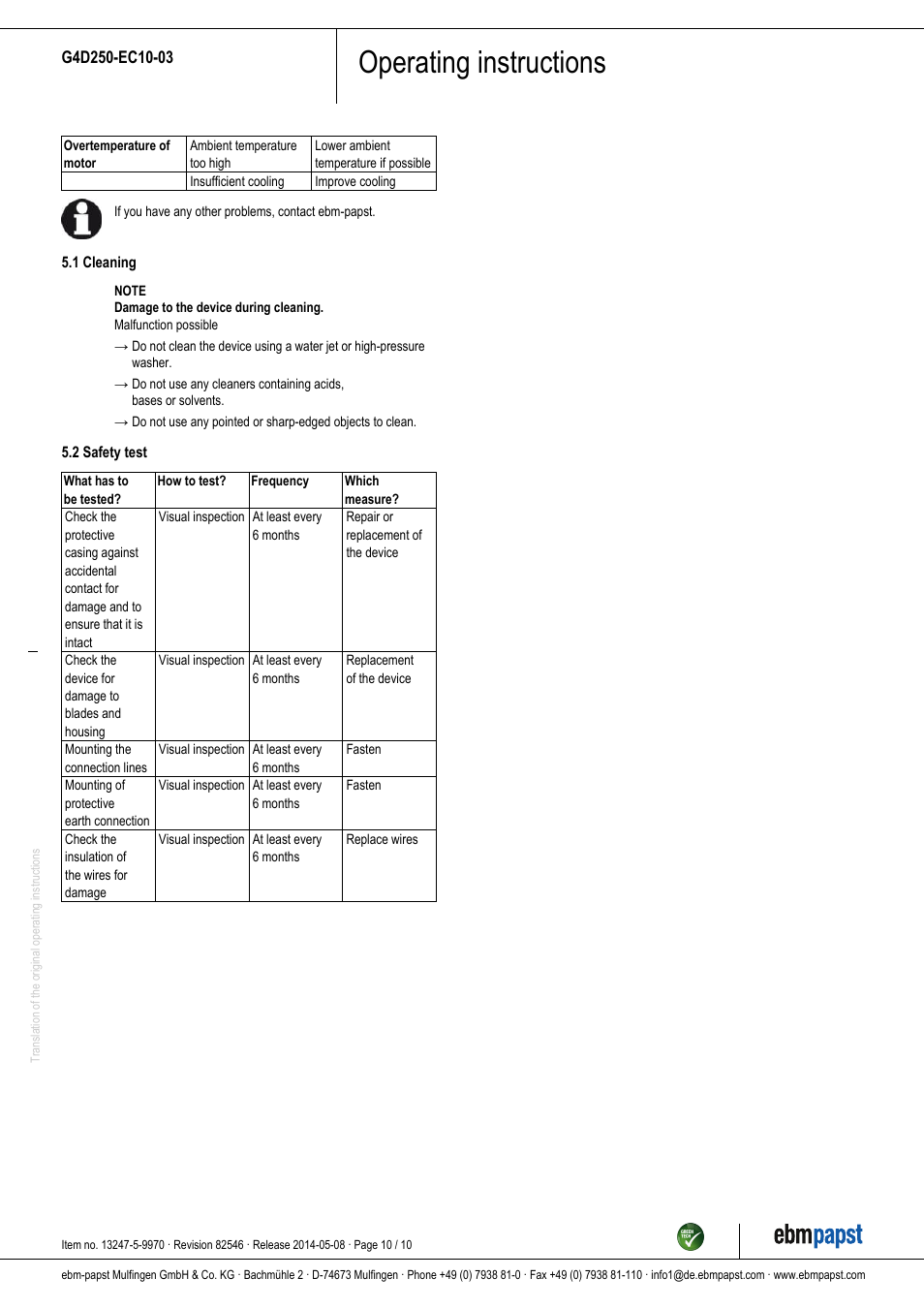 Operating instructions | ebm-papst G4D250-EC10-03 User Manual | Page 10 / 10