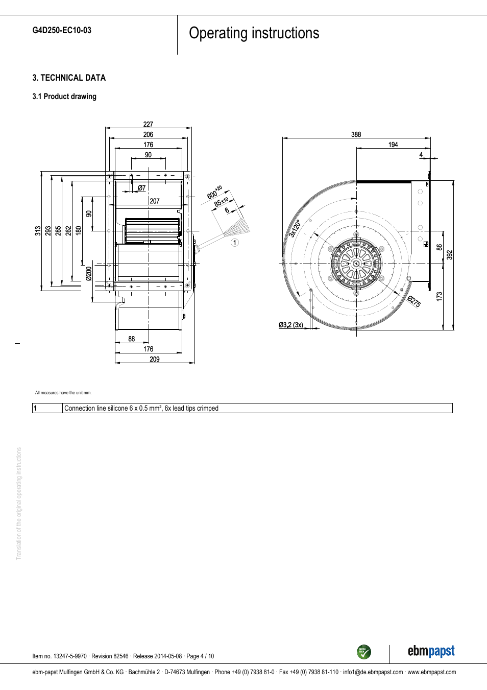Operating instructions | ebm-papst G4D250-EC10-03 User Manual | Page 4 / 10