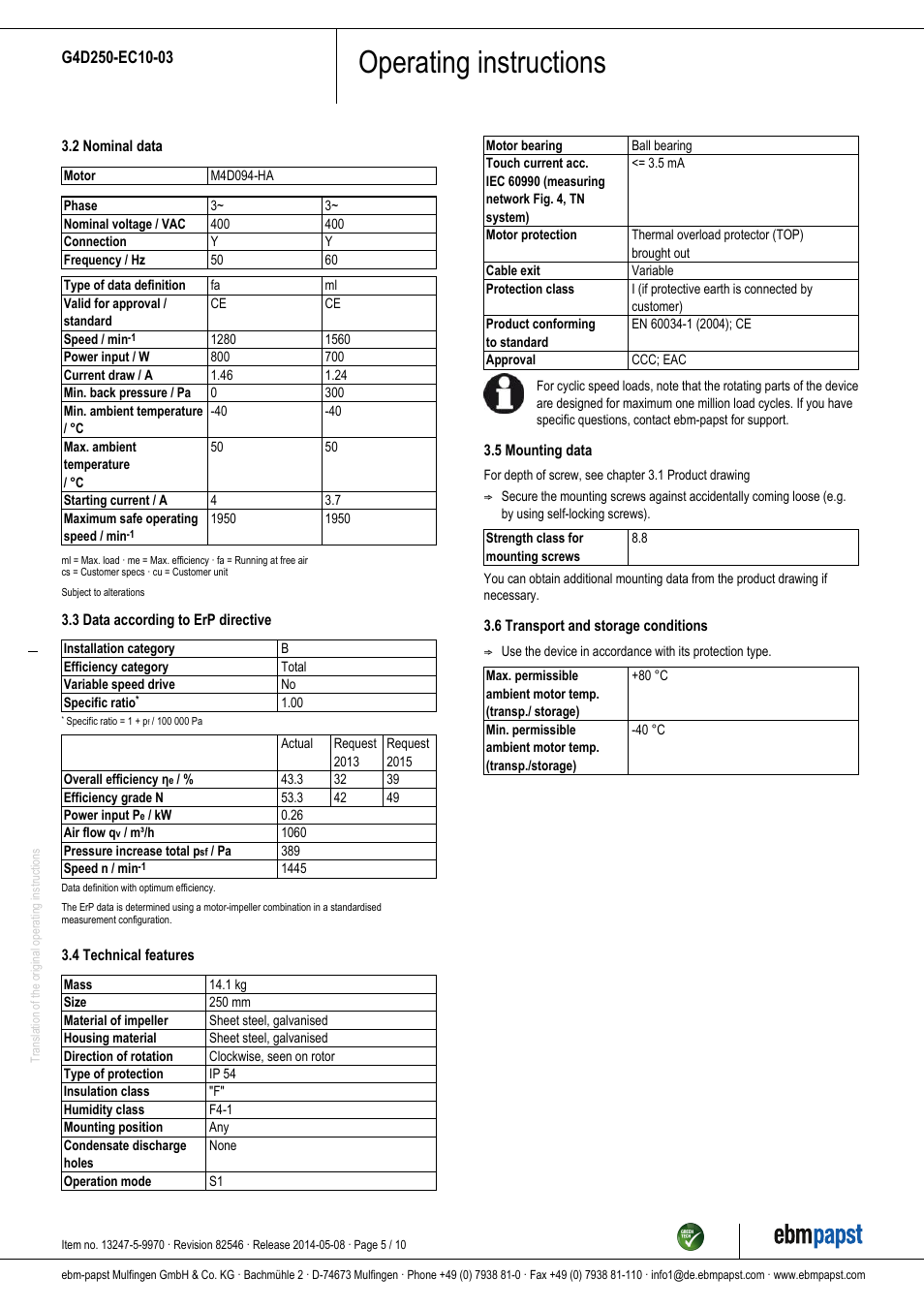 Operating instructions | ebm-papst G4D250-EC10-03 User Manual | Page 5 / 10