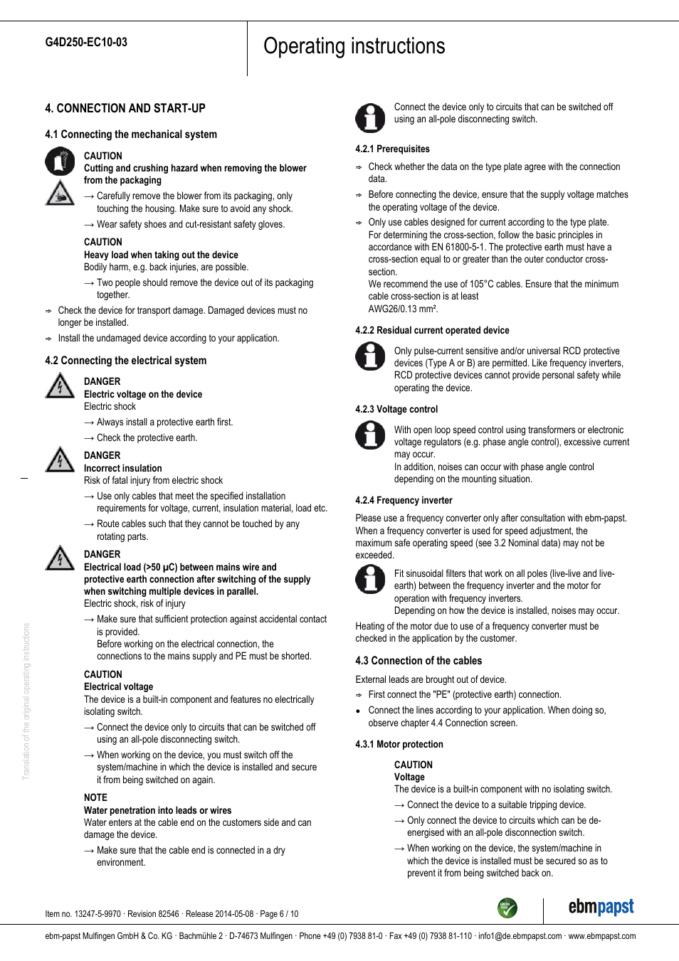 Operating instructions | ebm-papst G4D250-EC10-03 User Manual | Page 6 / 10