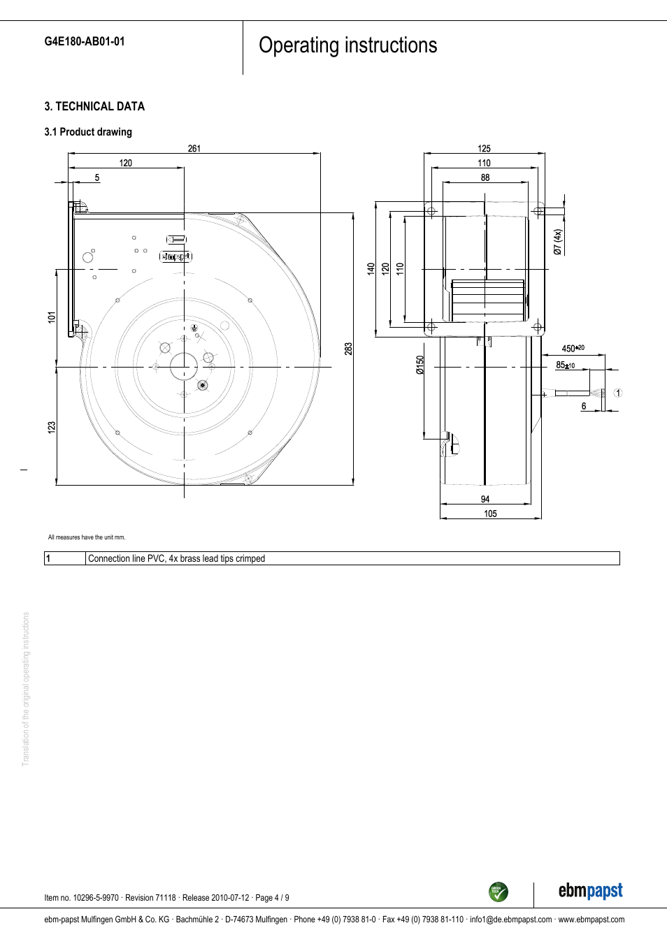 Operating instructions | ebm-papst G4E180-AB01-01 User Manual | Page 4 / 9
