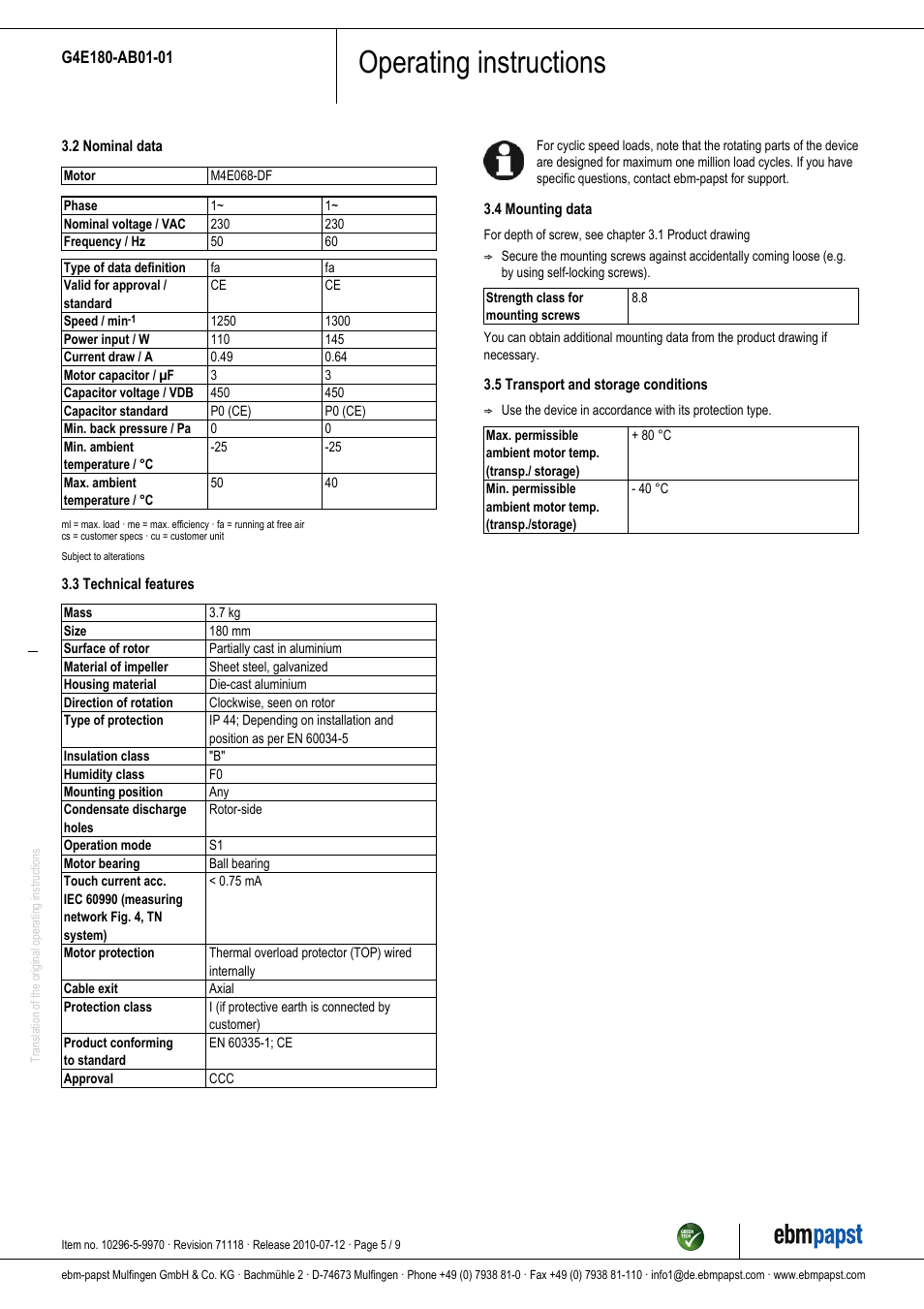 Operating instructions | ebm-papst G4E180-AB01-01 User Manual | Page 5 / 9