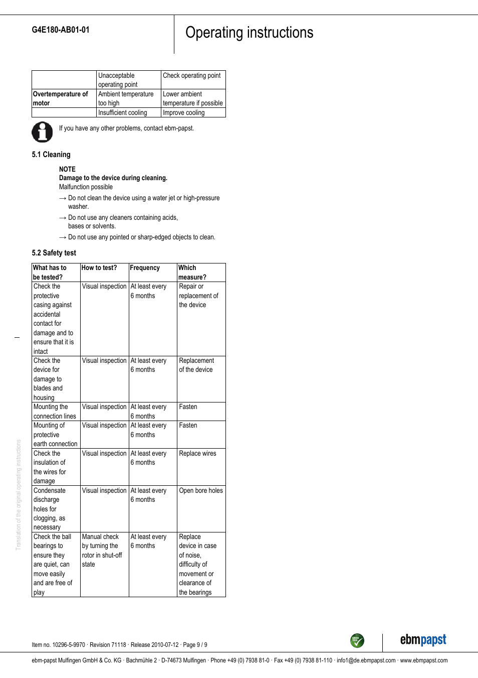 Operating instructions | ebm-papst G4E180-AB01-01 User Manual | Page 9 / 9