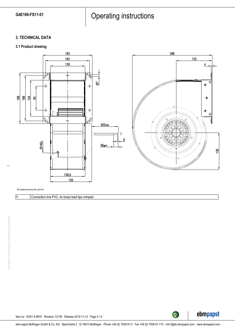 Operating instructions | ebm-papst G4E180-FS11-01 User Manual | Page 4 / 9