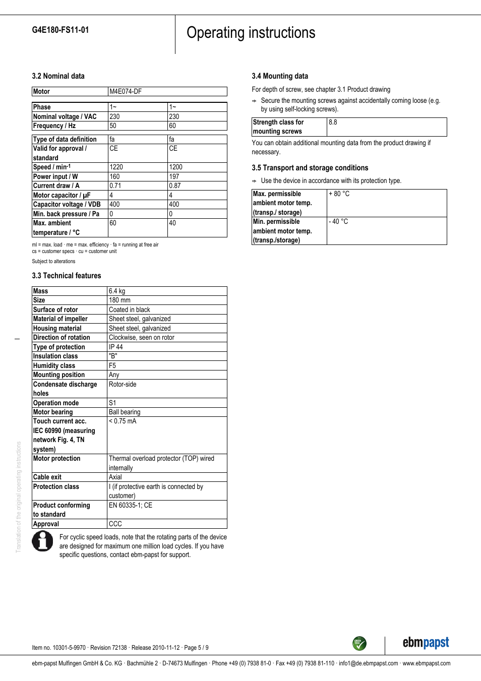 Operating instructions | ebm-papst G4E180-FS11-01 User Manual | Page 5 / 9