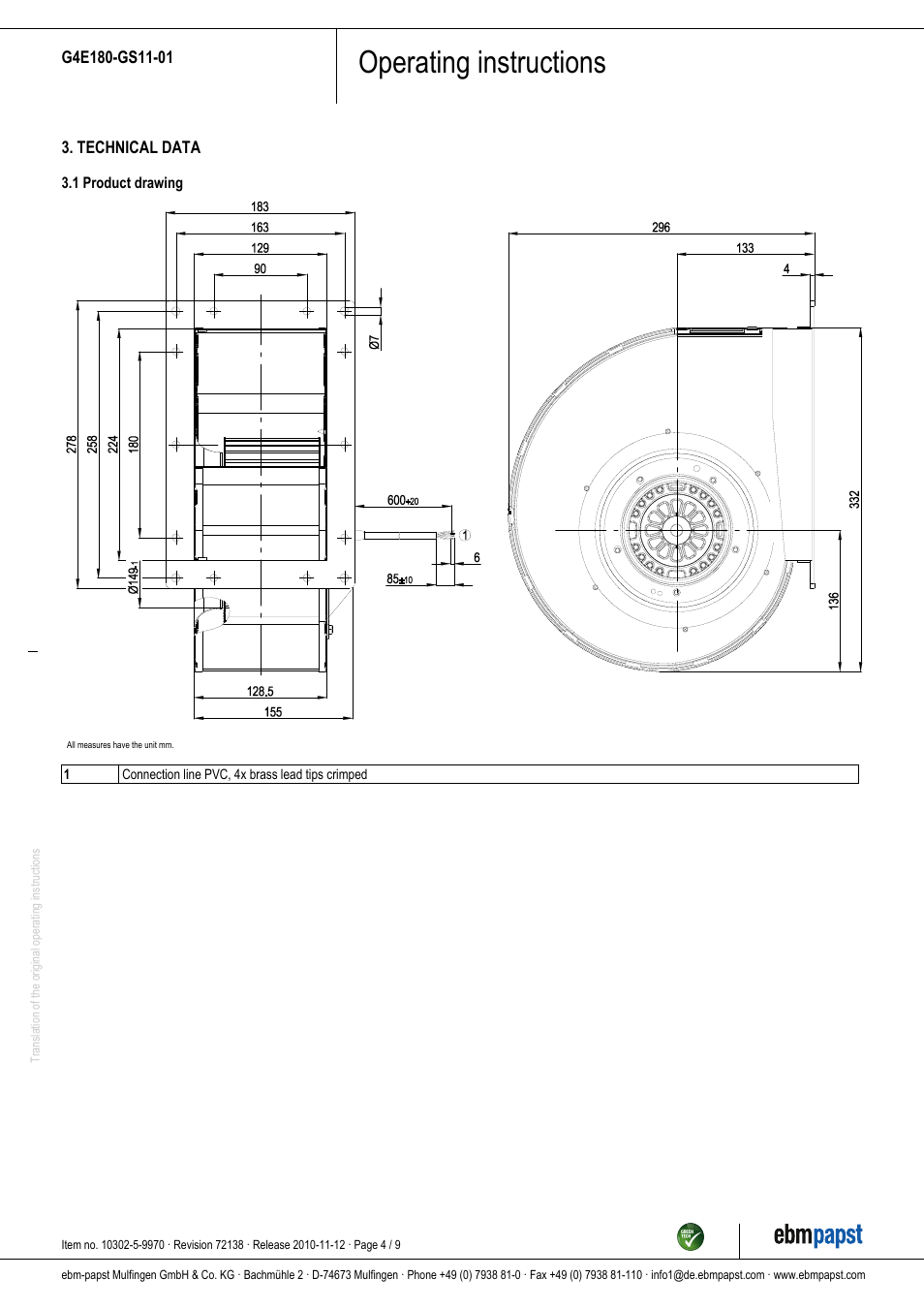 Operating instructions | ebm-papst G4E180-GS11-01 User Manual | Page 4 / 9